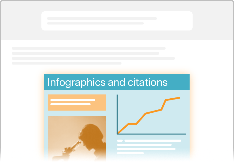 Illustration showing a sample Kudos article page with an infographic. The infographic looks like a poster and includes a line graph and a photo.